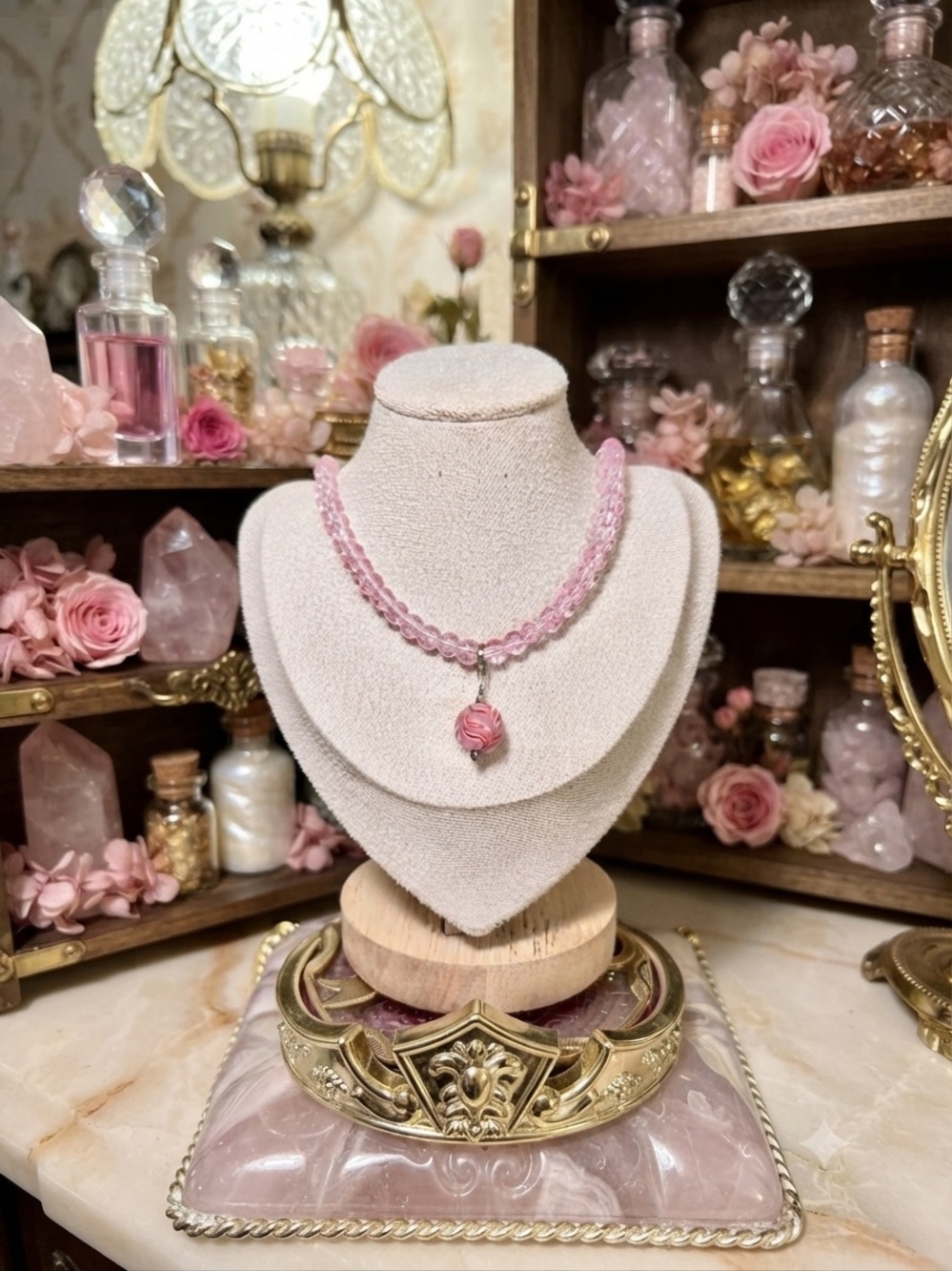 One of a kind Marble Pink Glass Beaded Necklace with Rose Pendant / Magnetic